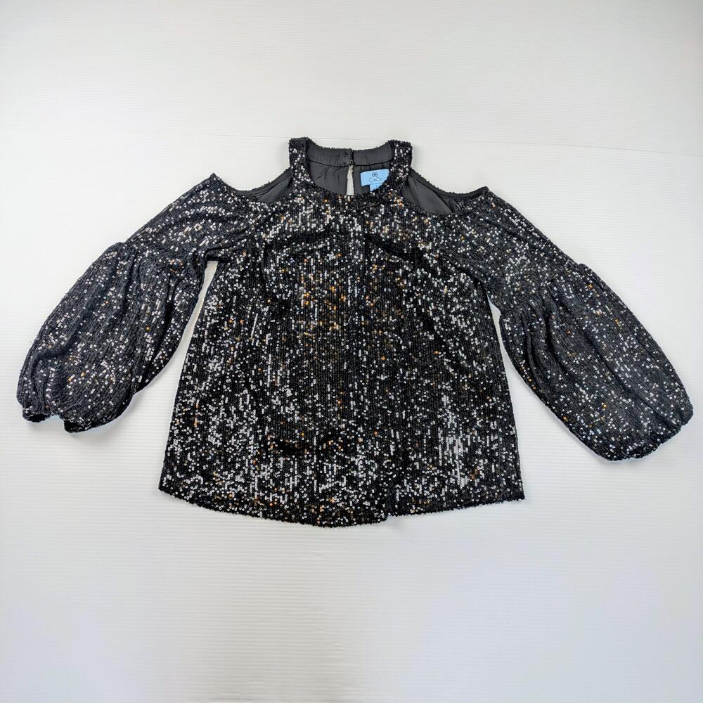 CeCe Blouse Womens Small Black Sequin Cold Shoulder Mock Neck Long Sleeve Top